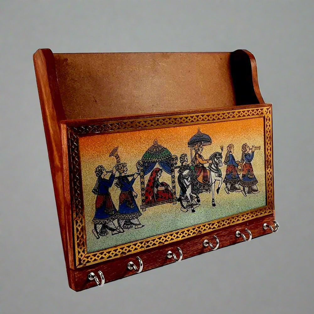 Side view of wooden wall key holder showing hooks and top paper compartment.