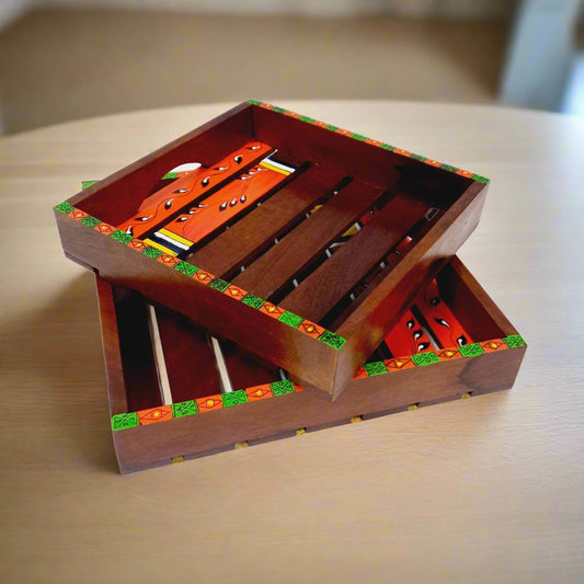 Set of two traditional wooden trays decorated with lovely handmade paintings, perfect for kitchen, dining, or center table.