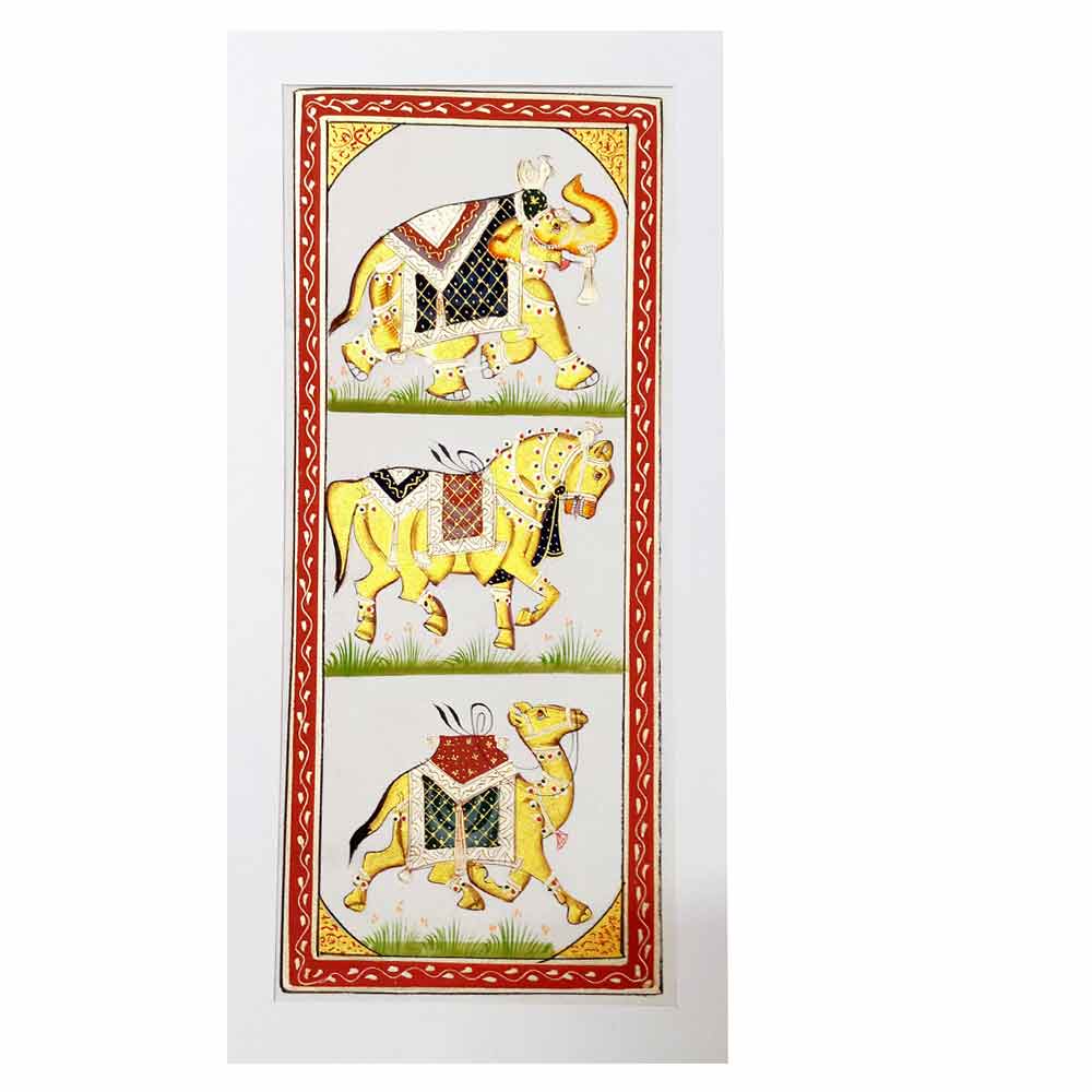 Front view handmade Rajasthan trio elephant horse camel silk painting tall shape