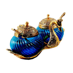 Turquoise colored metal and glass bowl set with duck motif, suitable for wedding, birthday, and anniversary gifts.
