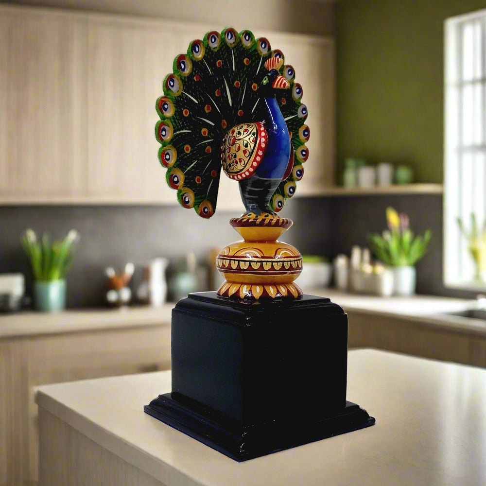  Unique wooden dancing peacock decorative showpiece with exquisite hand painting, suitable for office or home.