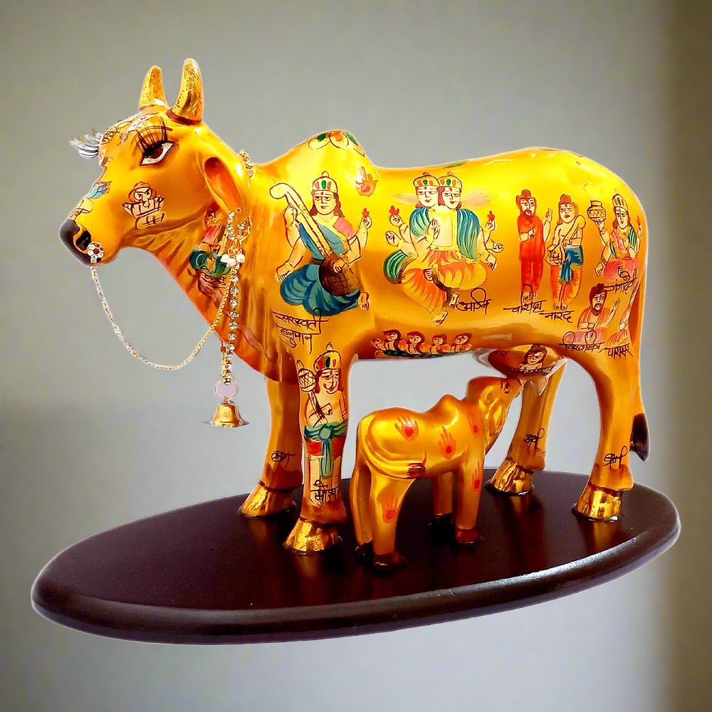 Handcrafted Kamdhenu Cow with Calf statue by Jaipur manufacturer for home décor and puja