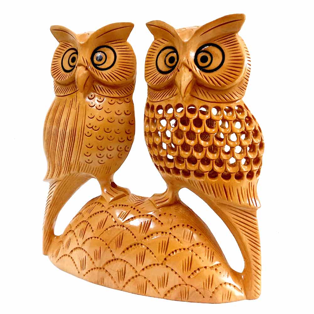 Detailed all-around carving on wooden owl pair symbolizing prosperity good luck gifting item