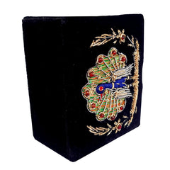 Velvet jewelry box featuring handcrafted zardosi work of peacock motif in silver and gold wires, ideal for gifting.