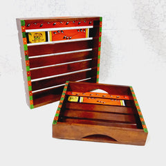 Vibrant handpainted wooden tray set of two, perfect for serving or as decorative pieces in any room.