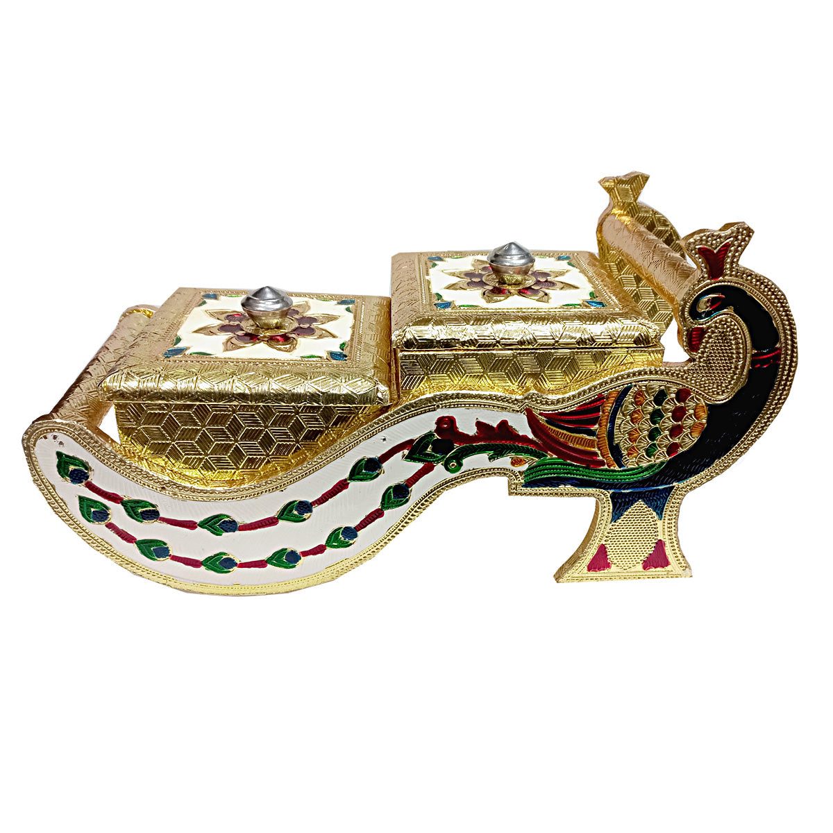 A vibrant peacock design dry fruit box, a splendid and unique gift for a wedding or anniversary.