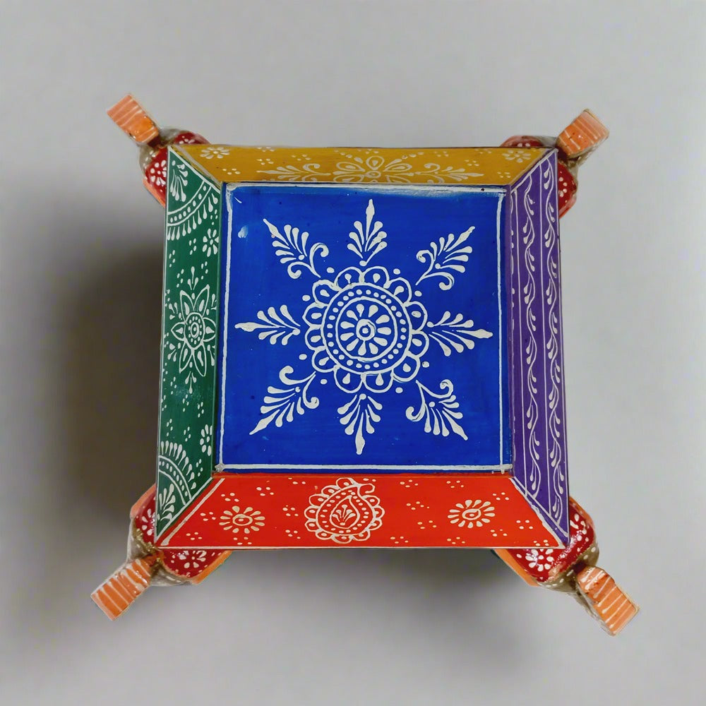 Vibrant wooden jewelry storage box with hand-painted elephant motifs on all sides, adding charm and elegance to interiors.

