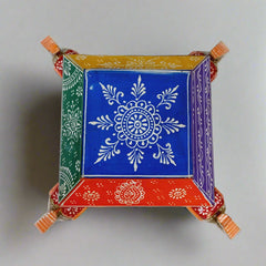 Vibrant wooden jewelry storage box with hand-painted elephant motifs on all sides, adding charm and elegance to interiors.

