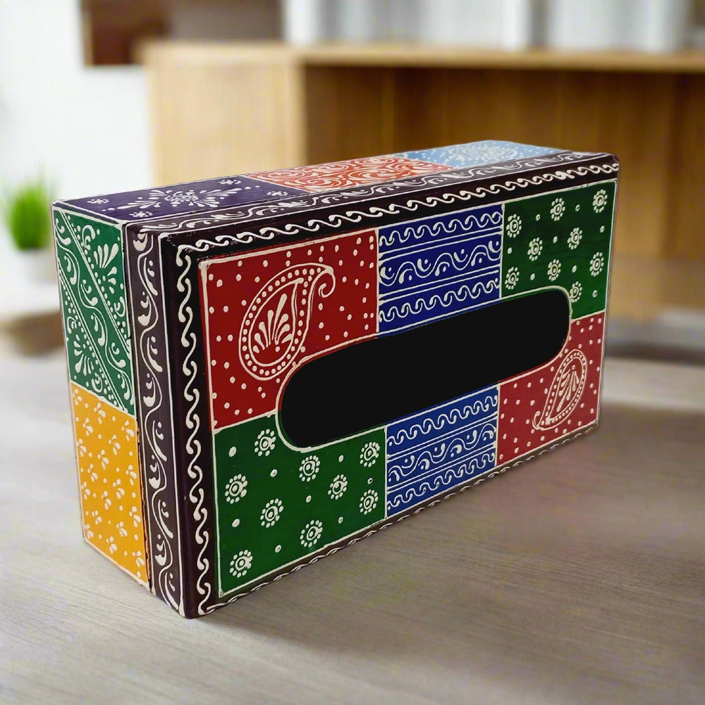 Vibrant wooden tissue box decorated with detailed hand painting, suitable for tables and cars.