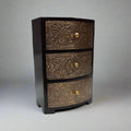 Vintage look 3-layer drawer box made of wood and metal with antique metal sheet on top and front, decorated with beautiful flower leaf design.