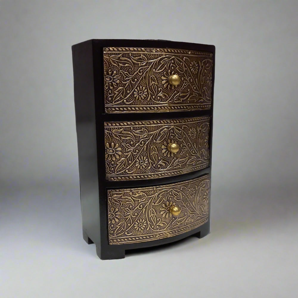Vintage look 3-layer drawer box made of wood and metal with antique metal sheet on top and front, decorated with beautiful flower leaf design.
