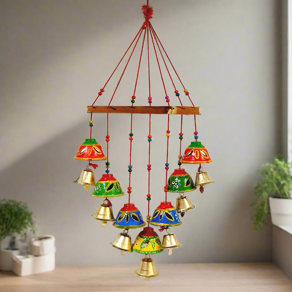 Handmade wind chime toran featuring colorful beads, lattice bell, and brass polish bells for home decoration.