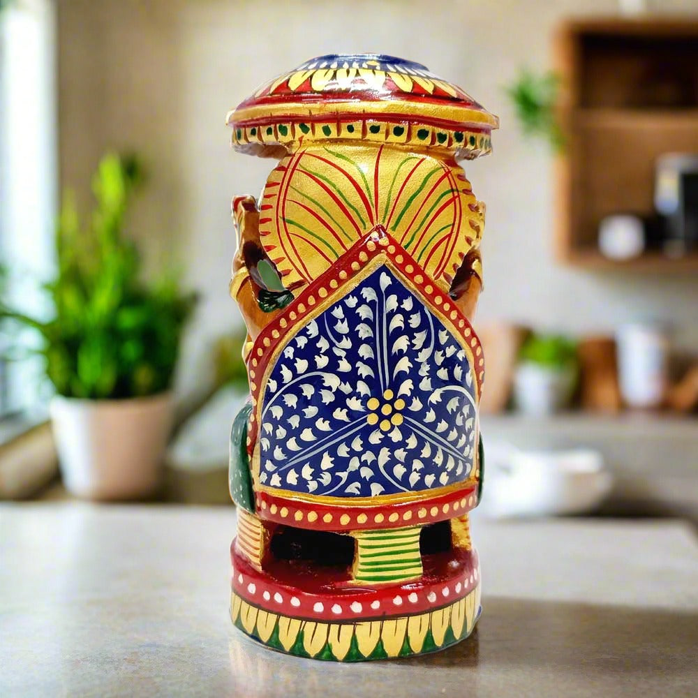 Wooden Ganesha statue with detailed umbrella design, excellent gift for auspicious occasions