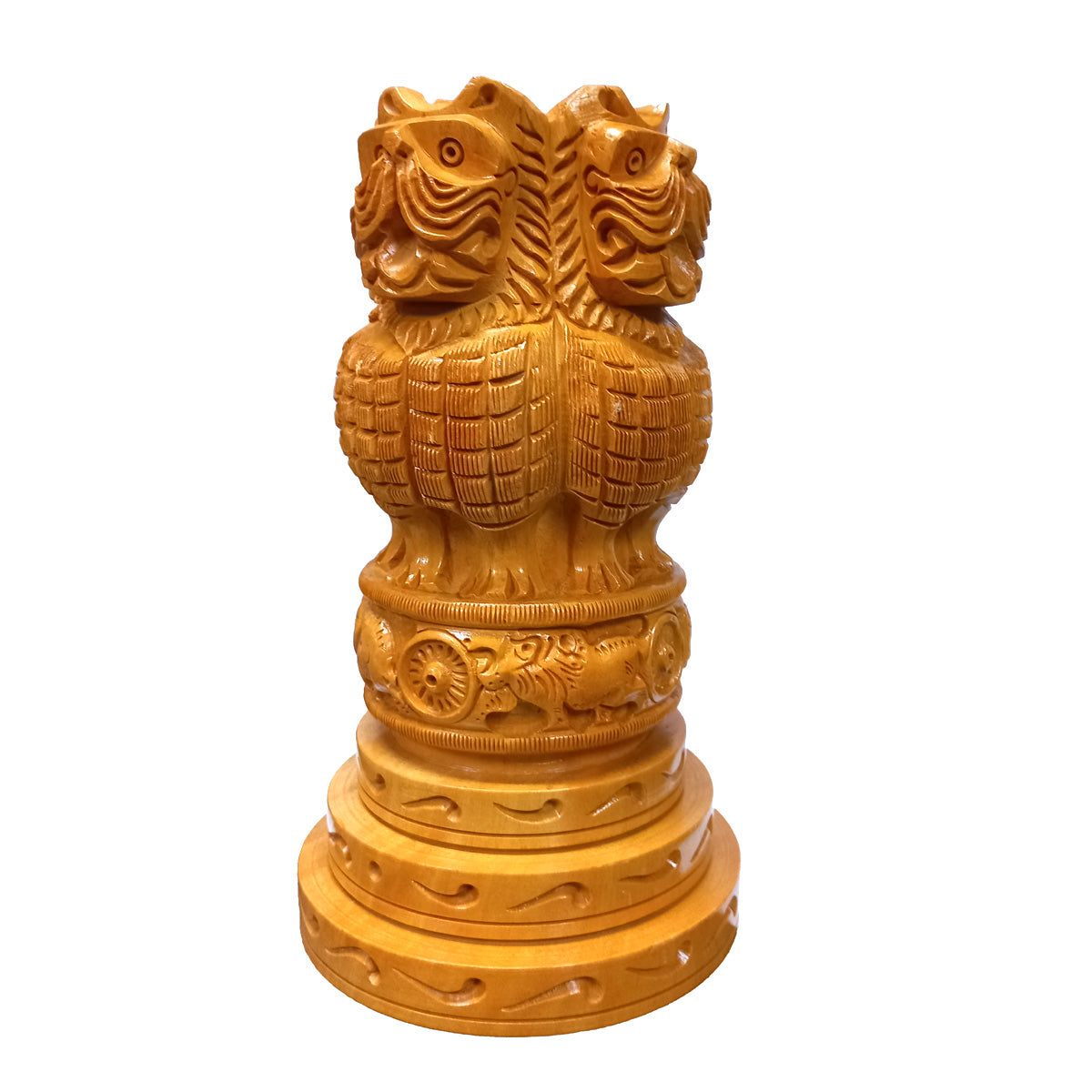 Wooden Ashoka pillar showpiece symbolizing Indian pride and heritage.