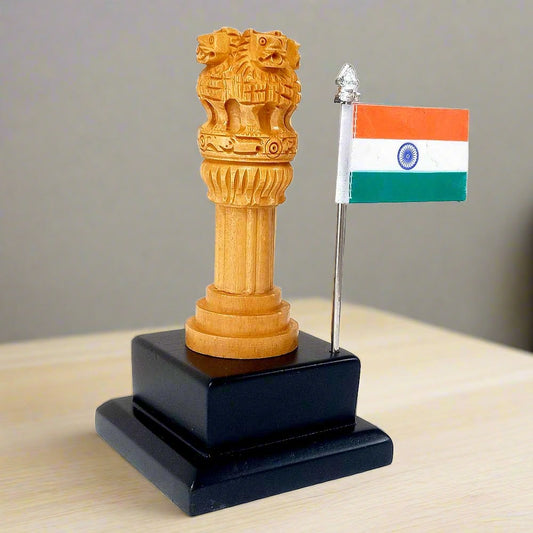 A stunning wooden Ashoka Stambha with a national flag, ideal for office gifting.