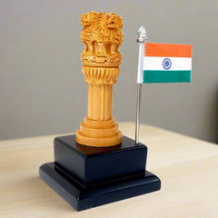 A stunning wooden Ashoka Stambha with a national flag, ideal for office gifting.