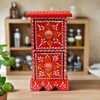 A wooden box with two drawers, designed for storing small jewelry like earrings, chains, and pins.