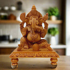 Wooden chowki Ganesh ji idol made from kadam wood with finely hand-carved details, featuring Ganesh sitting with two rats and a laddu.