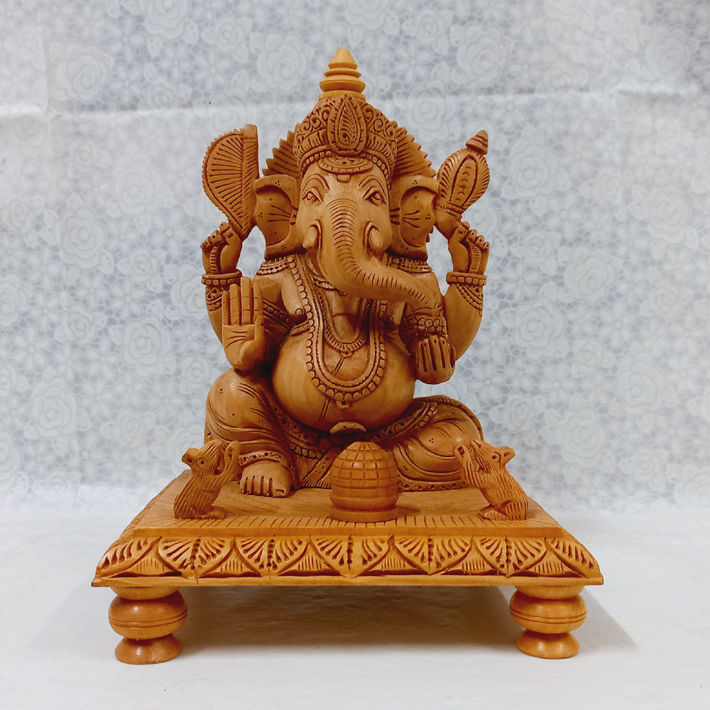 Carved Wooden Chowki Ganesh Idol - kkgiftstore