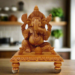 Carved Wooden Chowki Ganesh Idol - kkgiftstore