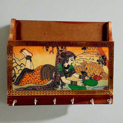 Handmade wooden key holder with gemstone painting 6 hooks and paper tray front view.