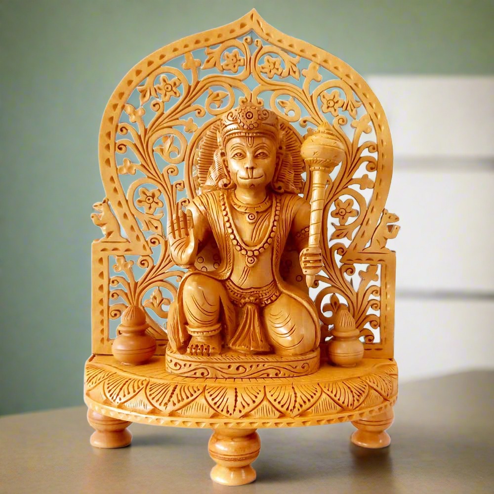 Beautifully carved wooden Hanuman ji idol made of Kadamba wood, sitting with blessings and holding a mace