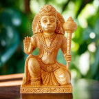 Beautifully carved Kadamba wood Hanuman ji idol sitting with blessings and holding a mace