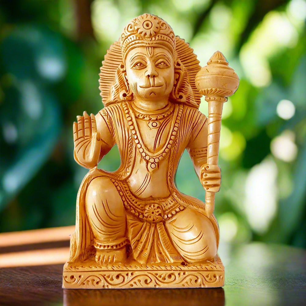 Beautifully carved Kadamba wood Hanuman ji idol sitting with blessings and holding a mace