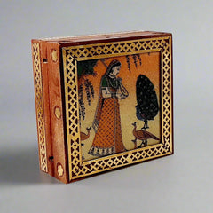 Wooden jewel box featuring semi-precious crushed stone painting of a lady on a glass base, with brass accents.