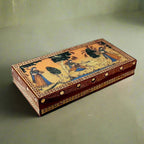A handcrafted wooden jewelry box with a beautiful gemstone painting of a lady design on a glass base.
