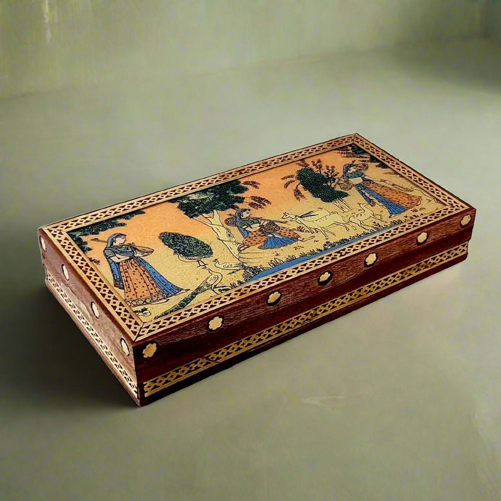 A handcrafted wooden jewelry box with a beautiful gemstone painting of a lady design on a glass base.