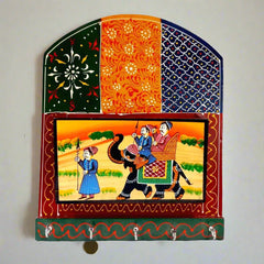 Handcrafted wooden key paper holder 26cm height with Rajasthan miniature painting 5 hooks wall decor