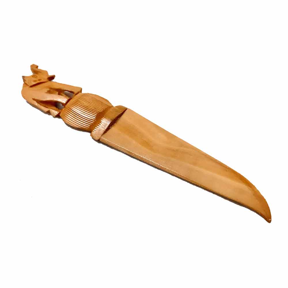 18cm wooden paper cutter being used as an envelope opener on a professional office desk.