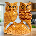 Hand-carved wooden owl statue pair 15x15cm one with carving other lattice design Vastu Laxmiji vehicle