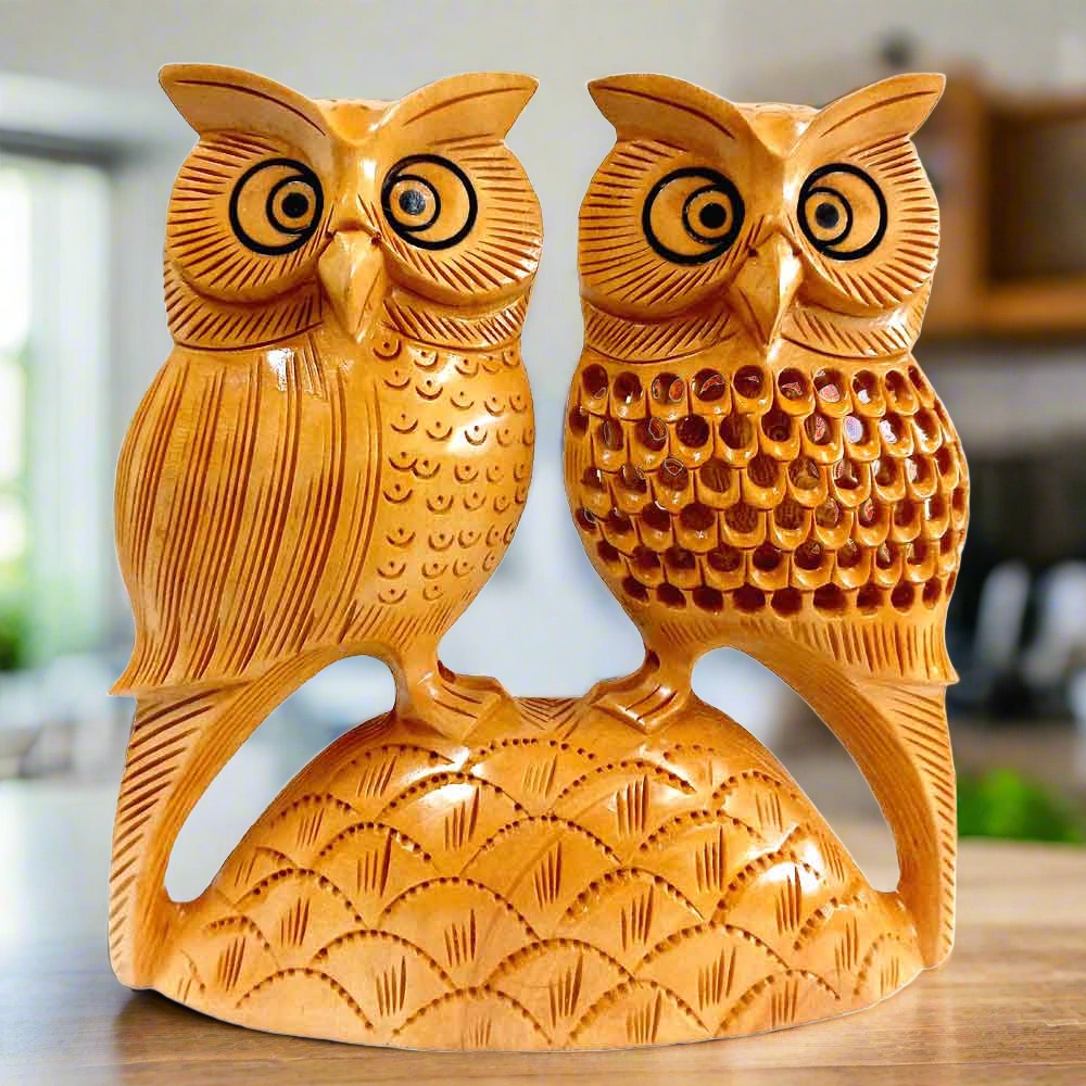 Hand-carved wooden owl statue pair 15x15cm one with carving other lattice design Vastu Laxmiji vehicle
