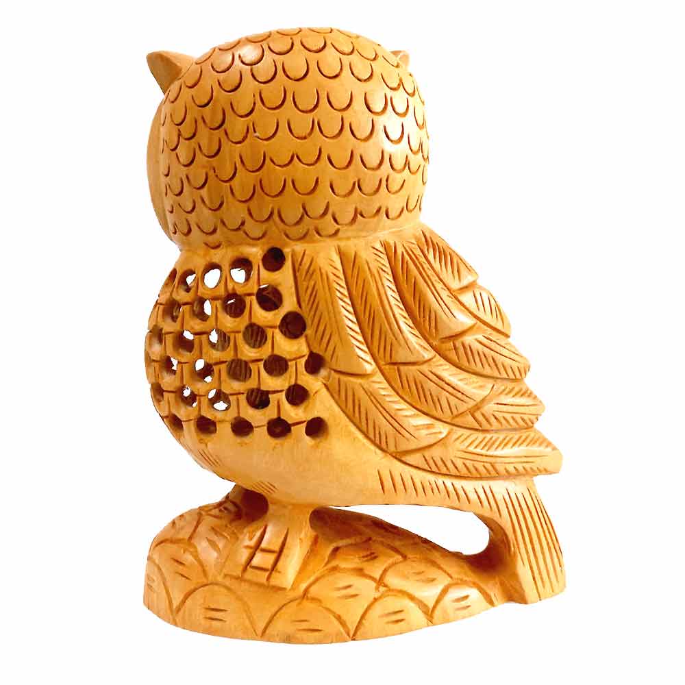 Intricate wing detailing back on premium wood owl figurine Indian tradition gift item