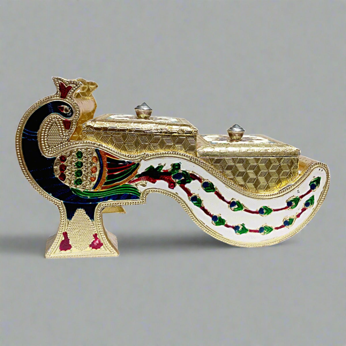 A splendid wooden dry fruit box with a vibrant peacock design and beautiful Meena painting.