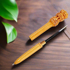 Fine quality wooden pen with Ashoka emblem on top, handcrafted and includes blue refill for smooth writing.