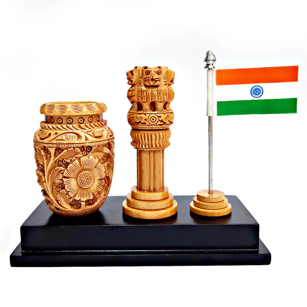 Wooden Pen Stand with Ashoka Pillar & Flag of India - kkgiftstore