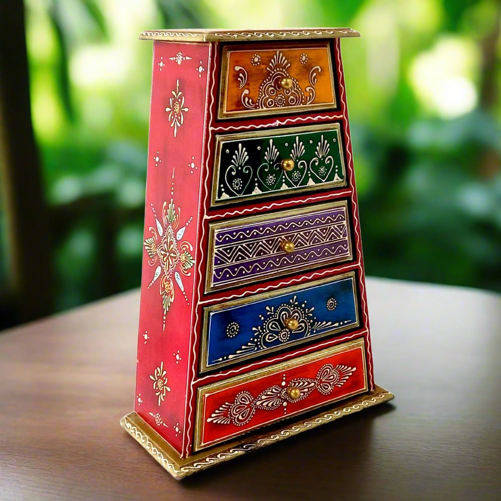A beautiful hand-painted wooden pyramid-shaped drawer box with 5 drawers.