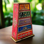 A beautiful hand-painted wooden pyramid-shaped drawer box with 5 drawers.