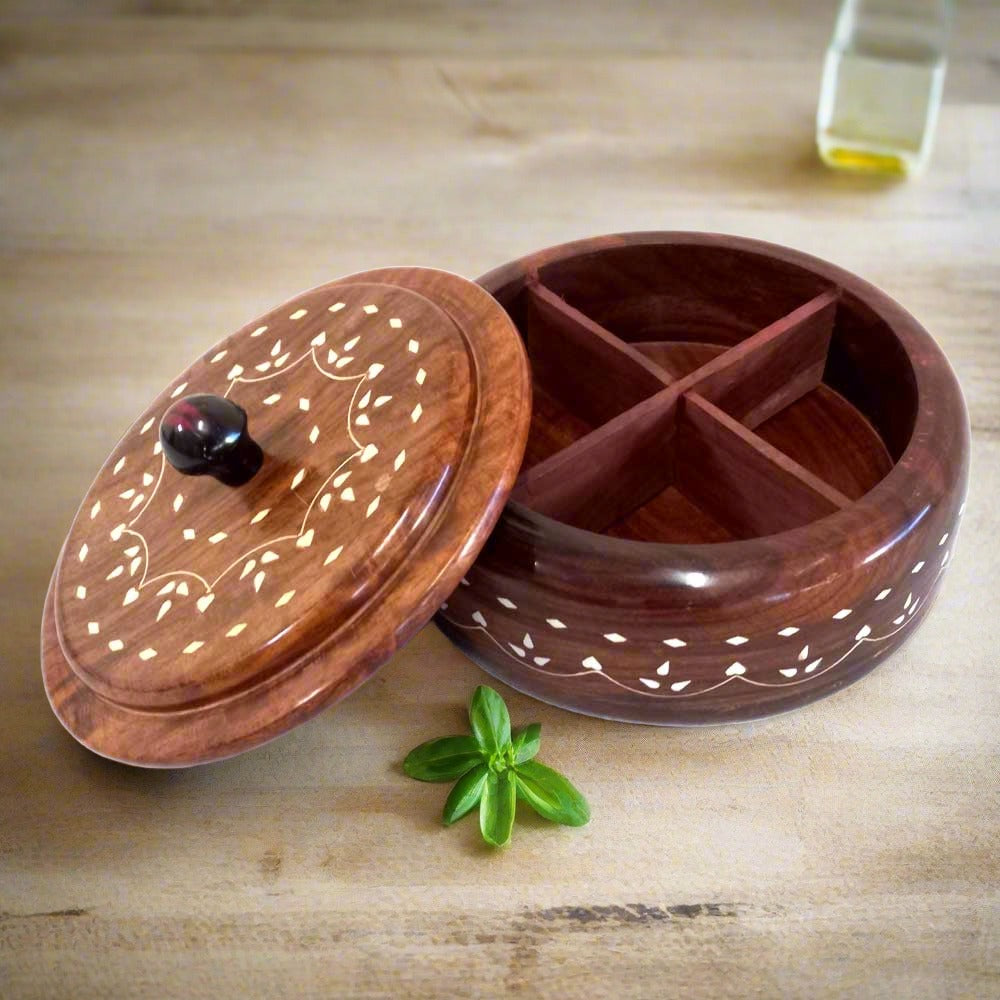 Open lid interior of 20cm Sisam wood spice box showing four compartments for essential spices
