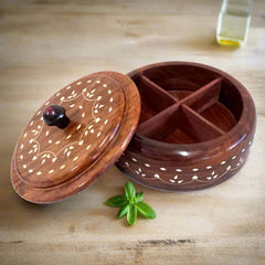Open lid interior of 20cm Sisam wood spice box showing four compartments for essential spices