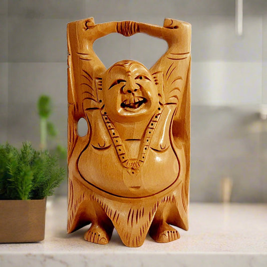  Standing Laughing Buddha statue made of high-quality wood, symbolizing happiness and prosperity.