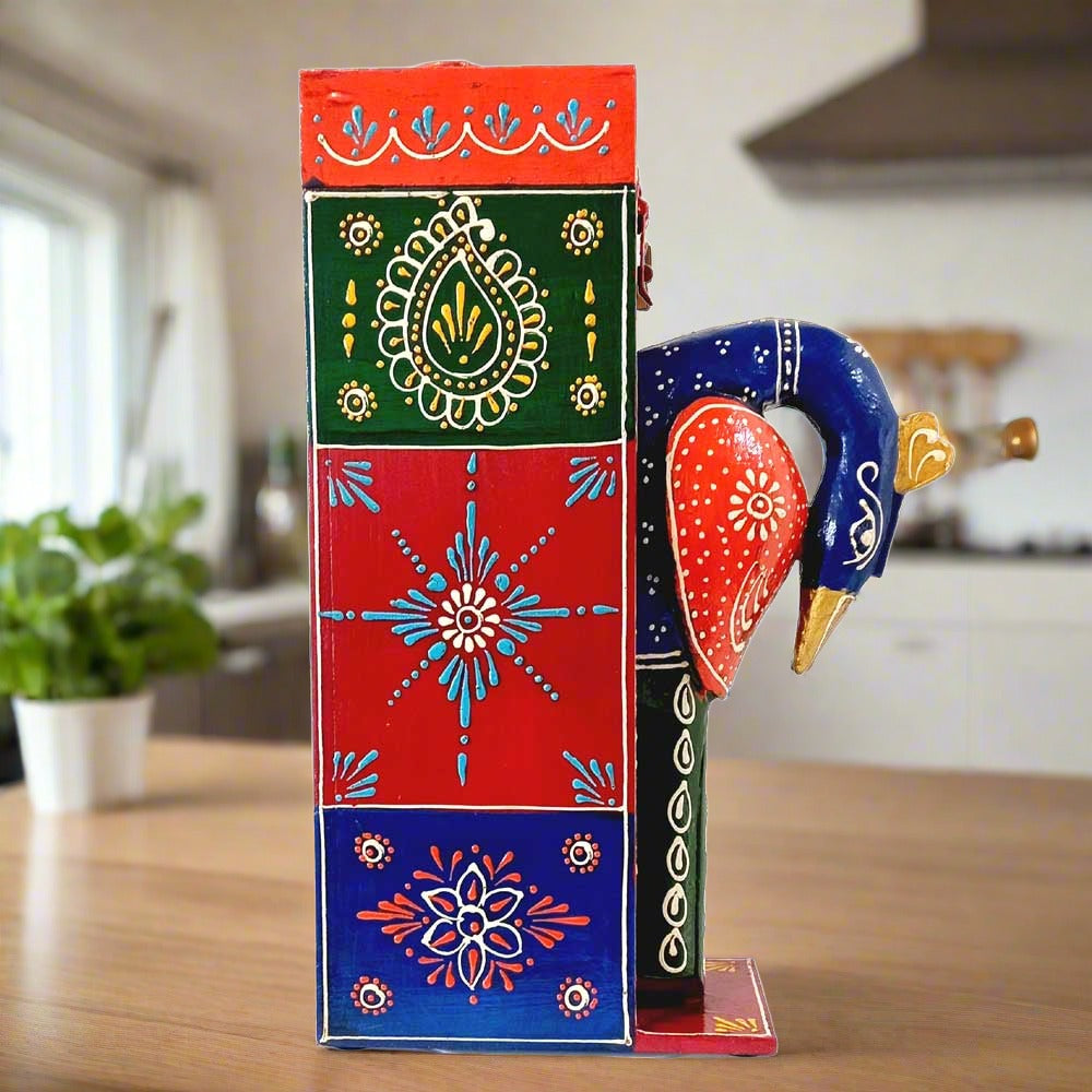 A beautiful wooden wine bottle storage box with a peacock design, a lid, and a handle.