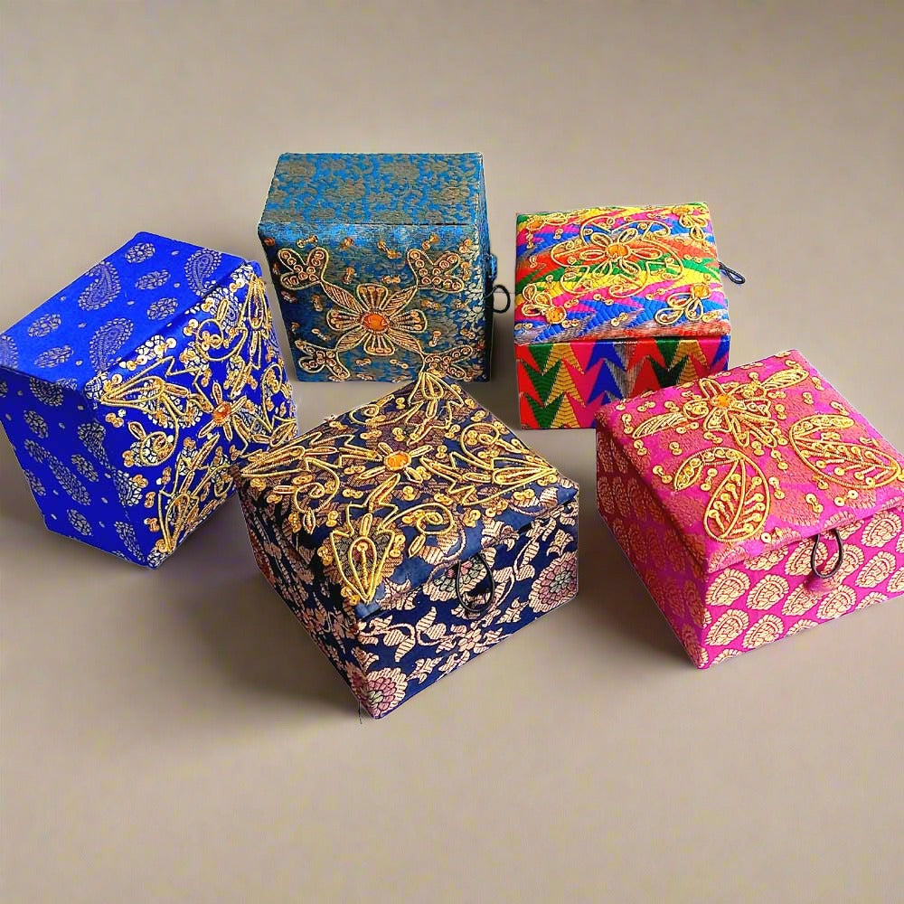 Jewelry box made of silk fabric featuring detailed zardosi needlework with golden wire and sequins, perfect for earrings and pins.